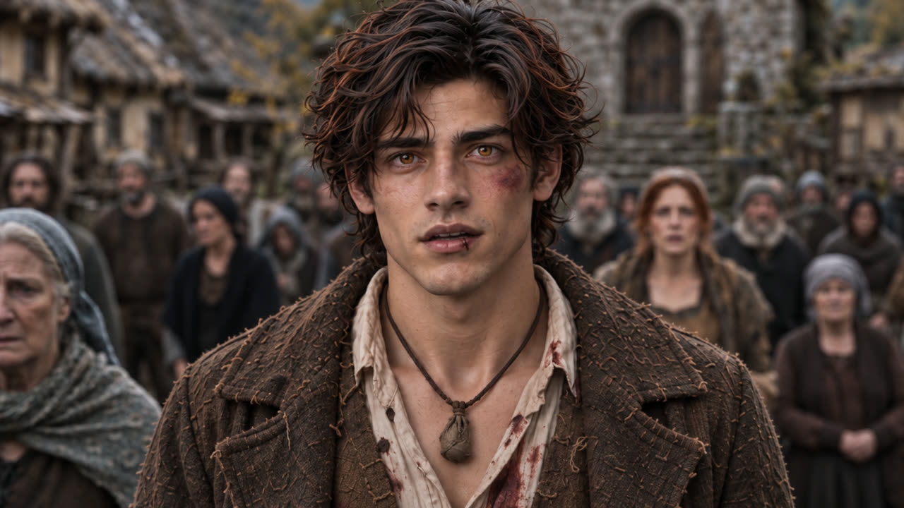 Emrys, bruised, stands at the front of the village crowd in Brackenford