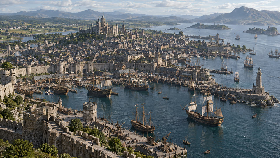 Harrowmark: the walled harbour city of Port Vellis crowded with tall ships