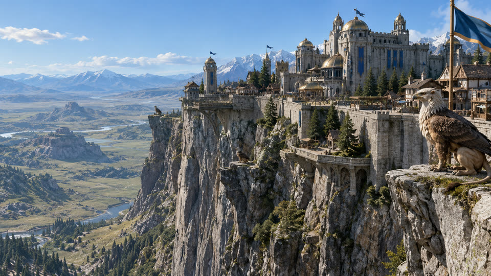Skarhelm: a white cliff-top castle above wide green valleys, a griffin perched on the rock