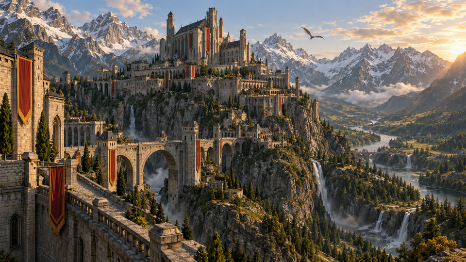 Vaelthorne: a stone citadel and arched bridges over waterfalls in the mountains