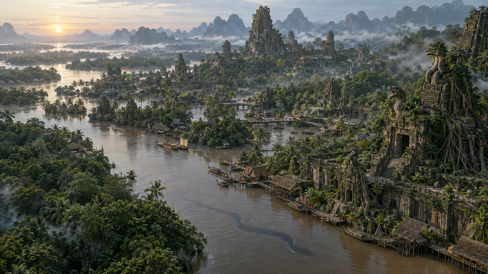 Vexmoor: river delta temples half swallowed by jungle in the morning mist