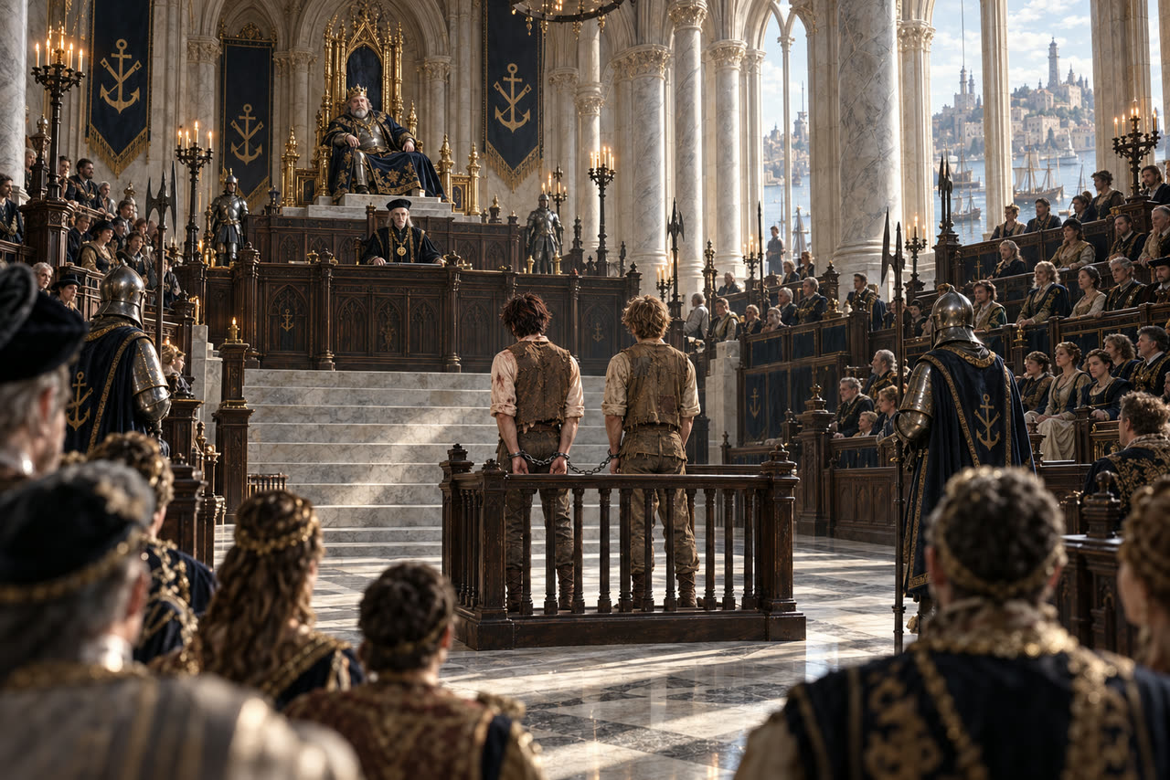 The packed High Court: nobles in the galleries, Emrys and Jory shackled in the dock, Corvane at the bench and King Edric on the throne