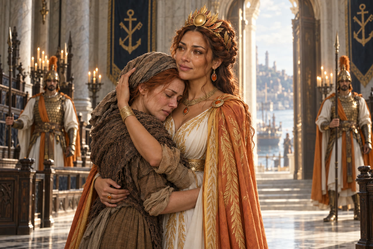 Queen Solenne embraces Mara in the golden light of the open doors
