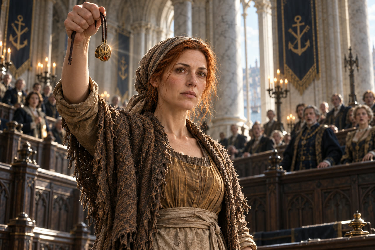 Mara raises the gold phoenix ring as the gallery rises in shock